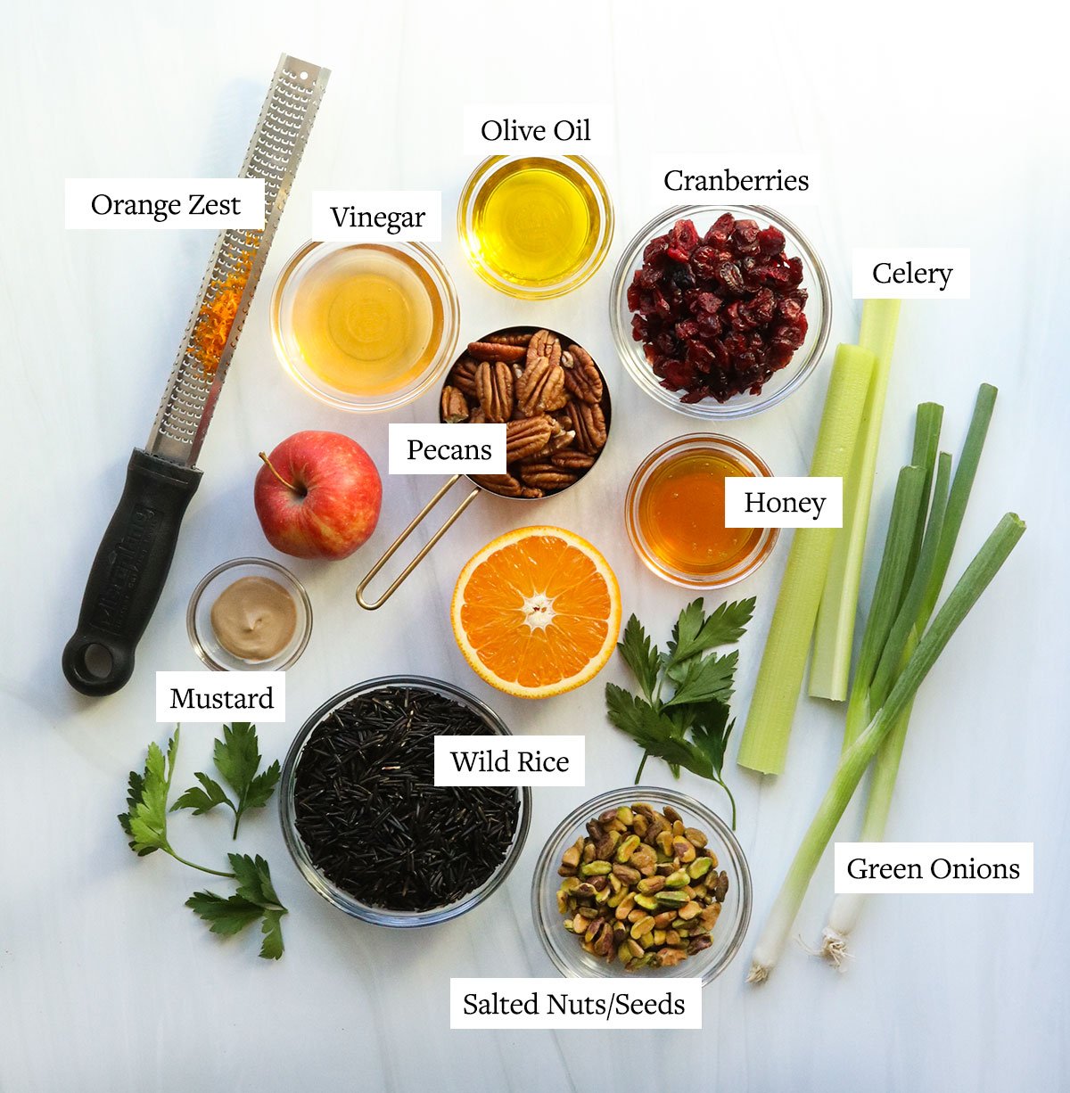 Wild rice salad ingredients labeled on a white surface.